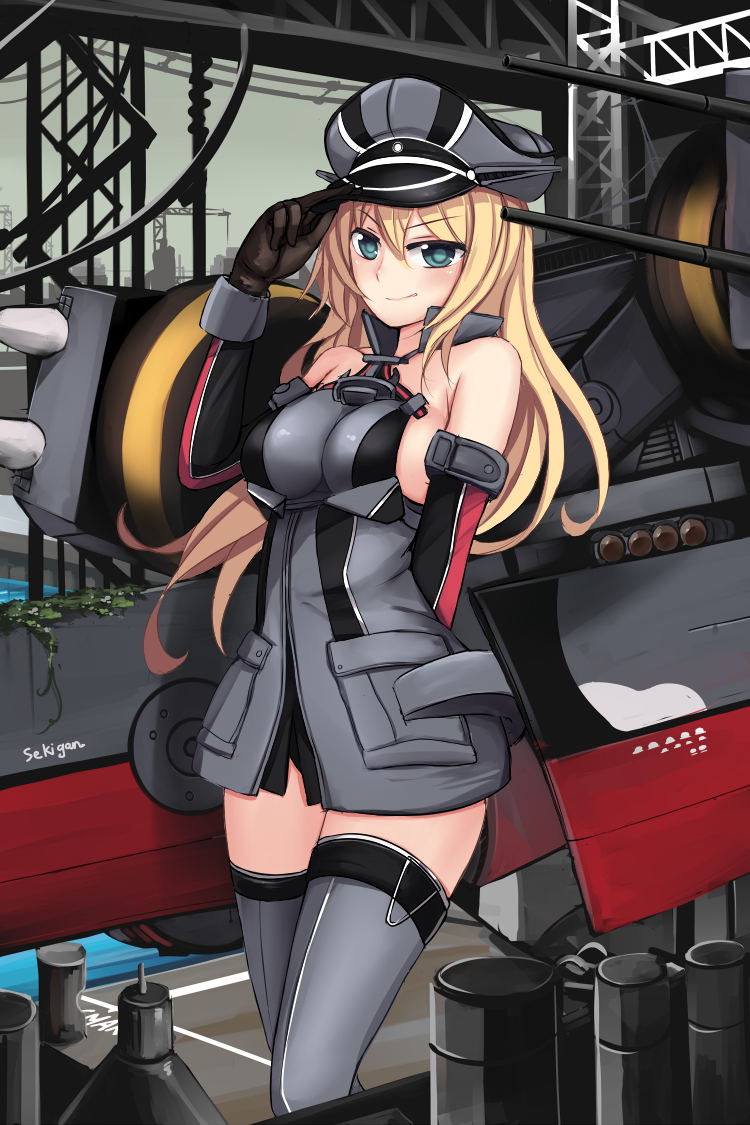 1girl, arm_behind_back, artist_name, bare_shoulders, bismarck_(kantai_collection), blonde_hair, blue_eyes, breasts
