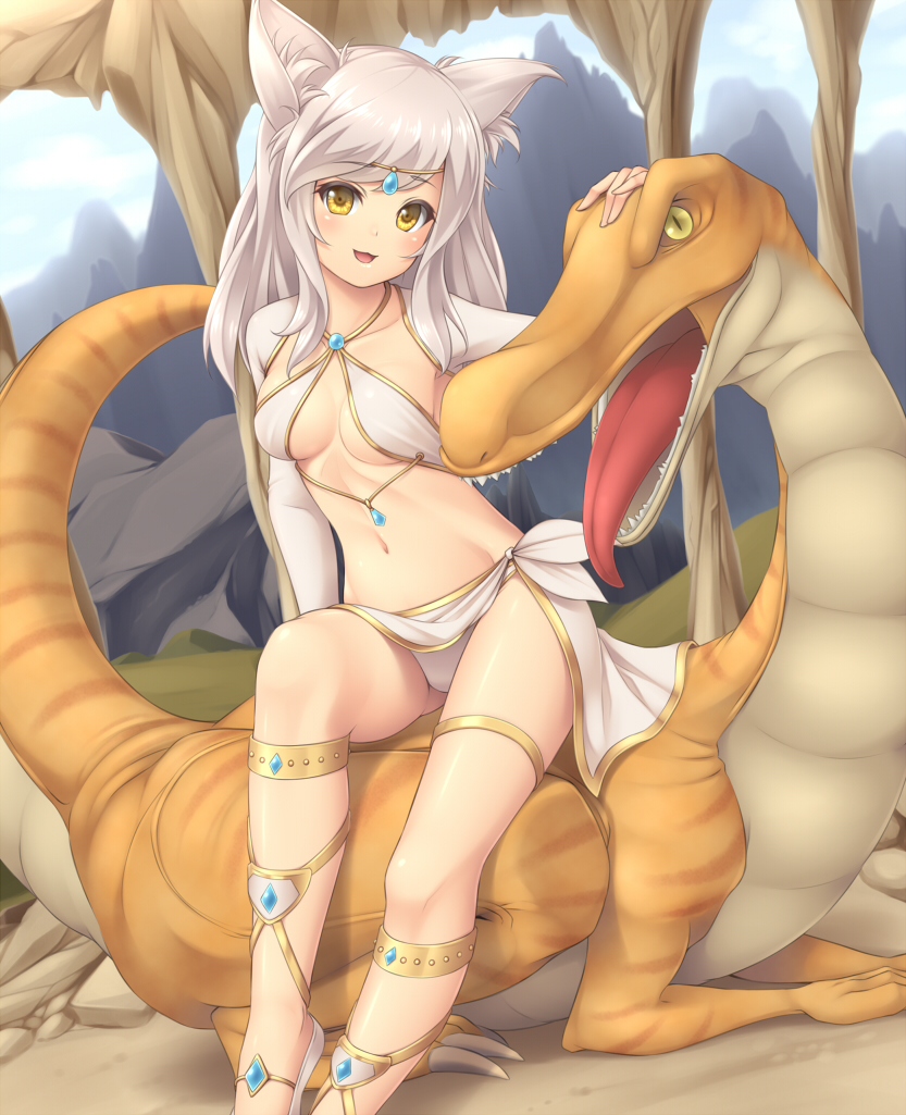 1girl, animal_ears, blush, breasts, circlet, lizard, long_hair, looking_at_viewer
