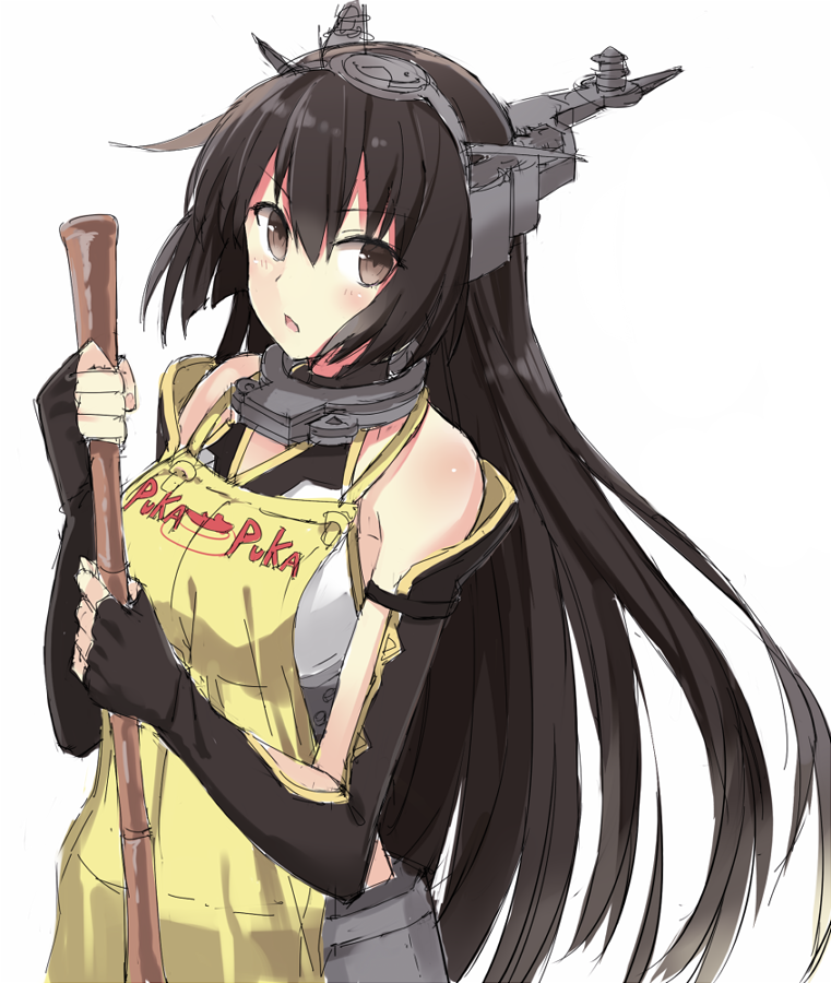 1girl, 501092-taka, apron, bare_shoulders, black_gloves, black_hair, blush, broom