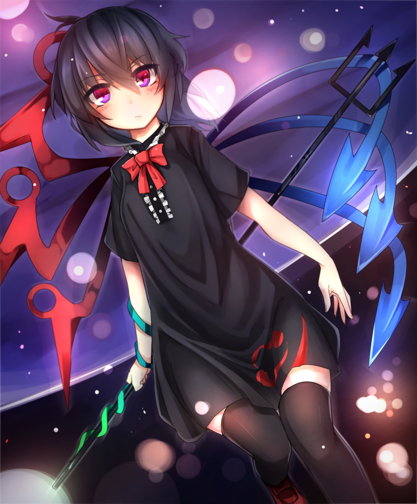 1girl, asymmetrical_wings, black_hair, highres, houjuu_nue, looking_at_viewer, pink_eyes, pitchfork