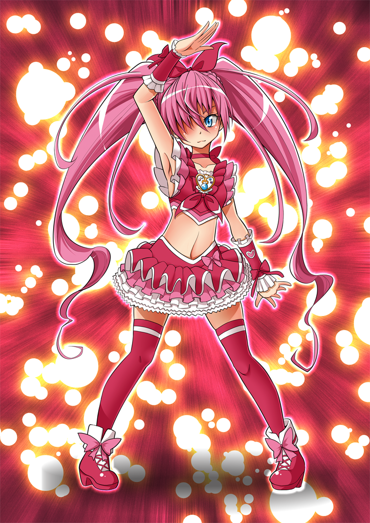 1girl, arm_up, blue_eyes, bow, braid, brooch, crop_top, cure_melody, frilled_skirt, frills, h-kagaminn, hair_bow, hair_over_one_eye, houjou_hibiki, jewelry, light_particles, long_hair, magical_girl, midriff, pink_background, pink_hair, pink_legwear, pink_skirt, precure, shoes, skirt, smile, solo, standing, suite_precure, thigh-highs, twintails, wrist_cuffs