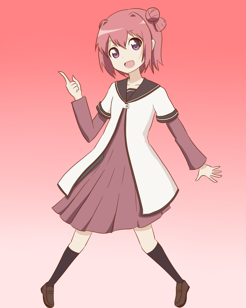 1girl, :d, akaza_akari, double_bun, dress, highres, index_finger_raised, jumping
