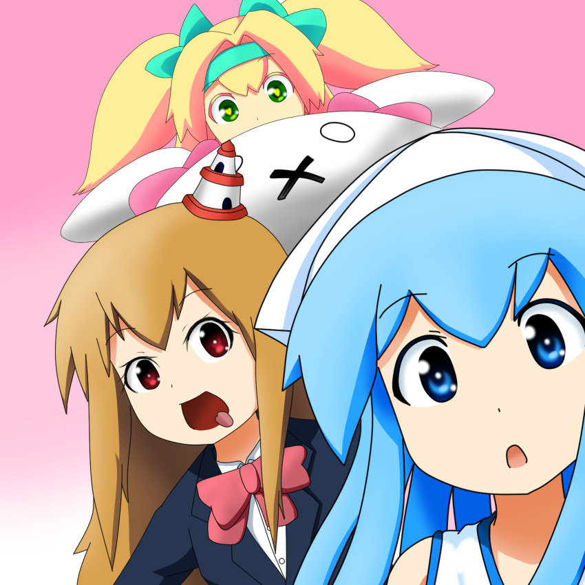 +tic_nee-san, 3girls, :o, blazblue, blonde_hair, blue_eyes, blue_hair, blush