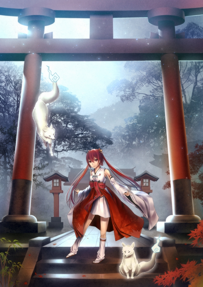 1girl, backlighting, detached_sleeves, floating, forest, fox, inari_konkon_koi_iroha., leaf