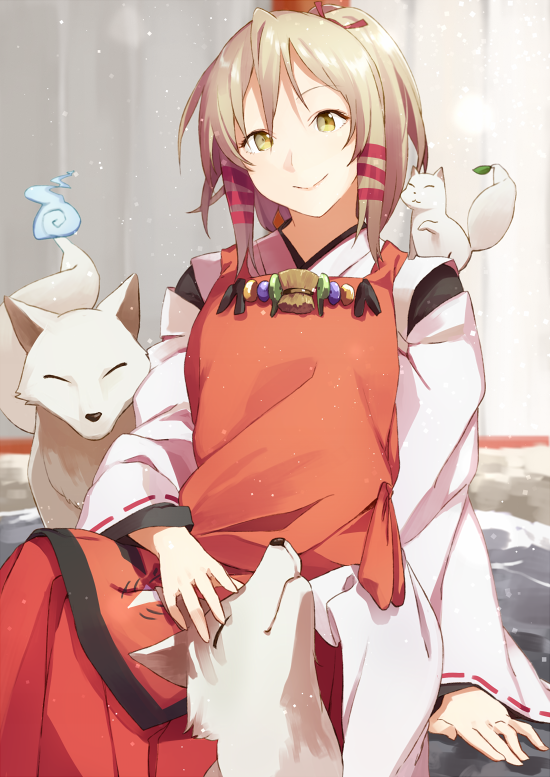 1girl, :>, blonde_hair, fox, hair_ribbon, high_ponytail, inari_konkon_koi_iroha., japanese_clothes