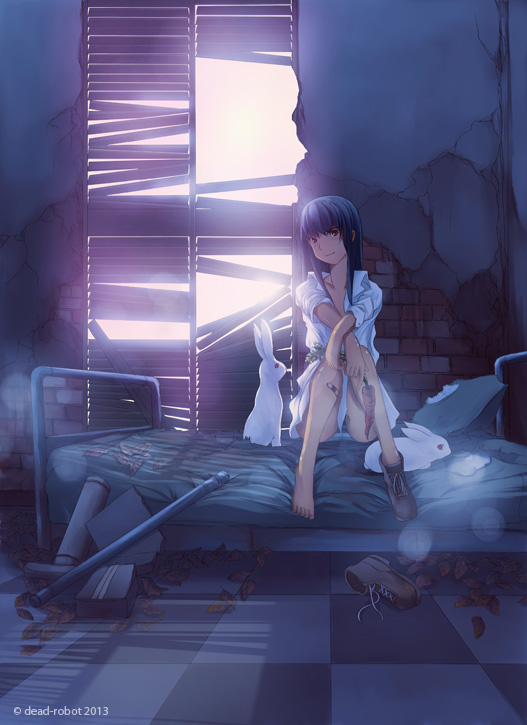1girl, artist_name, bandaid, blue_hair, dead-robot, long_hair, looking_at_viewer, naked_shirt