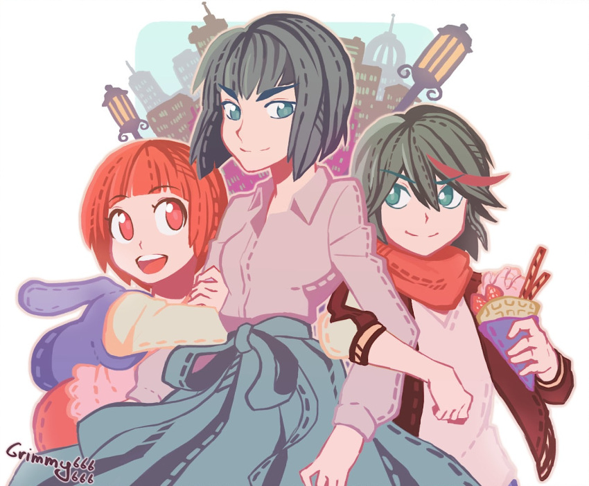 3girls, black_hair, blue_eyes, casual, dotted_line, dress, female, food, grimmy666666, ice_cream, kill_la_kill, kiryuuin_satsuki, mankanshoku_mako, matoi_ryuuko, multiple_girls, red_eyes, redhead, scarf, short_hair, solo