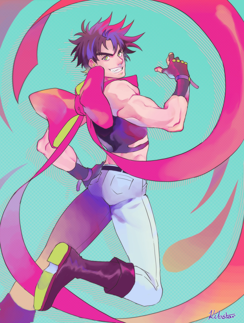 1boy, absurdres, boots, denim, fingerless_gloves, gloves, gradient_hair, green_eyes