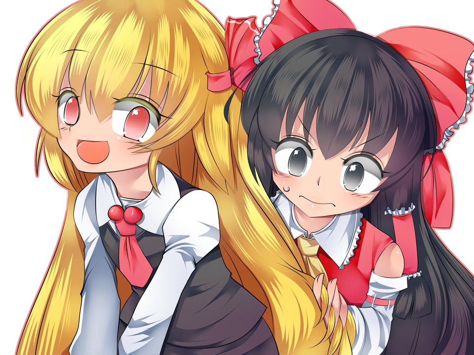 2girls, :d, alternate_hair_length, alternate_hairstyle, black_eyes, black_hair, blonde_hair, bow