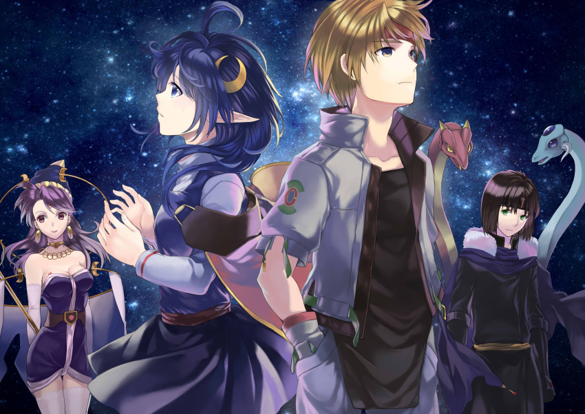 2boys, 2girls, absurdres, ahoge, ashton_anchors, black_hair, blonde_hair, blue_hair