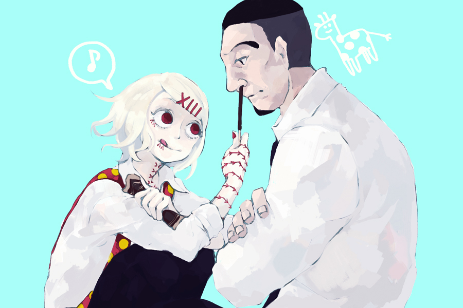 2boys, age_difference, androgynous, beard, black_eyes, black_hair, crossed_arms, facial_hair