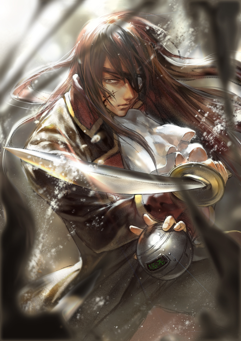 1boy, ascot, bomb, brown_hair, eyepatch, gintama, hangleing, harlock