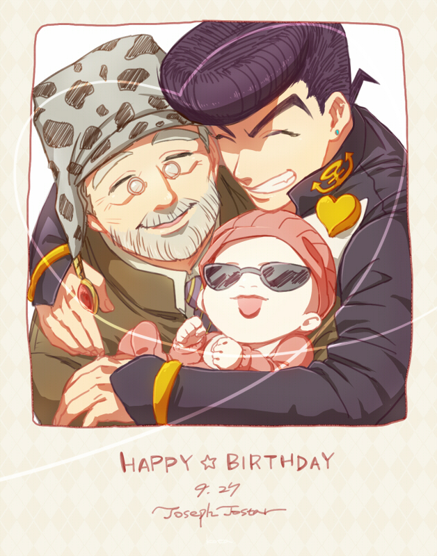 1girl, 2boys, baby, birthday, family, gakuran, grey_hair, happy_birthday, hat, higashikata_jousuke, jojo_no_kimyou_na_bouken, joseph_joestar, multiple_boys, pompadour, purple_hair, school_uniform, shizuka_joestar, smskt_25
