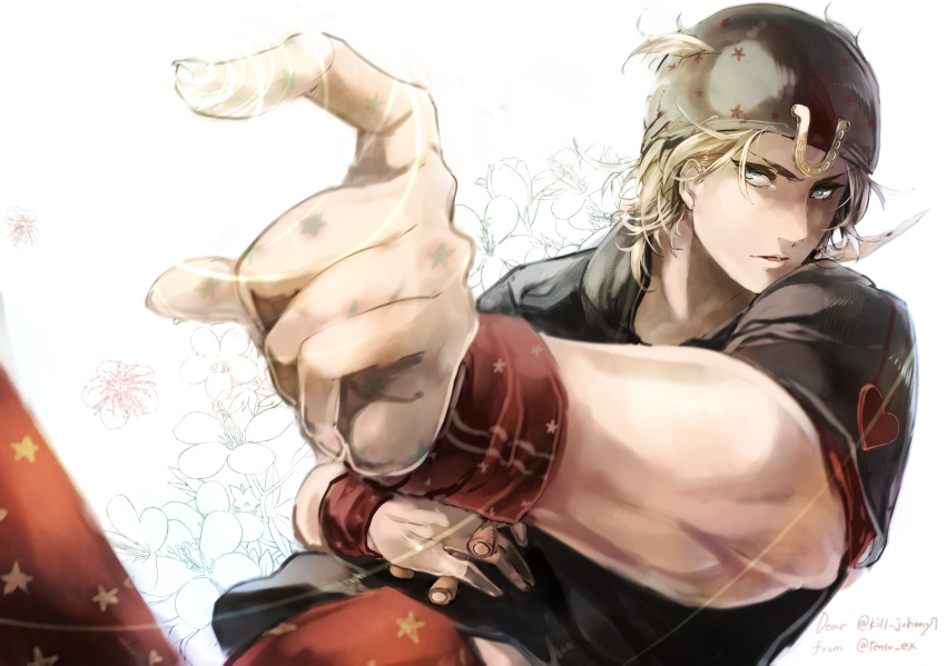 1boy, blonde_hair, blue_eyes, hat, highres, horseshoe, johnny_joestar, jojo_no_kimyou_na_bouken