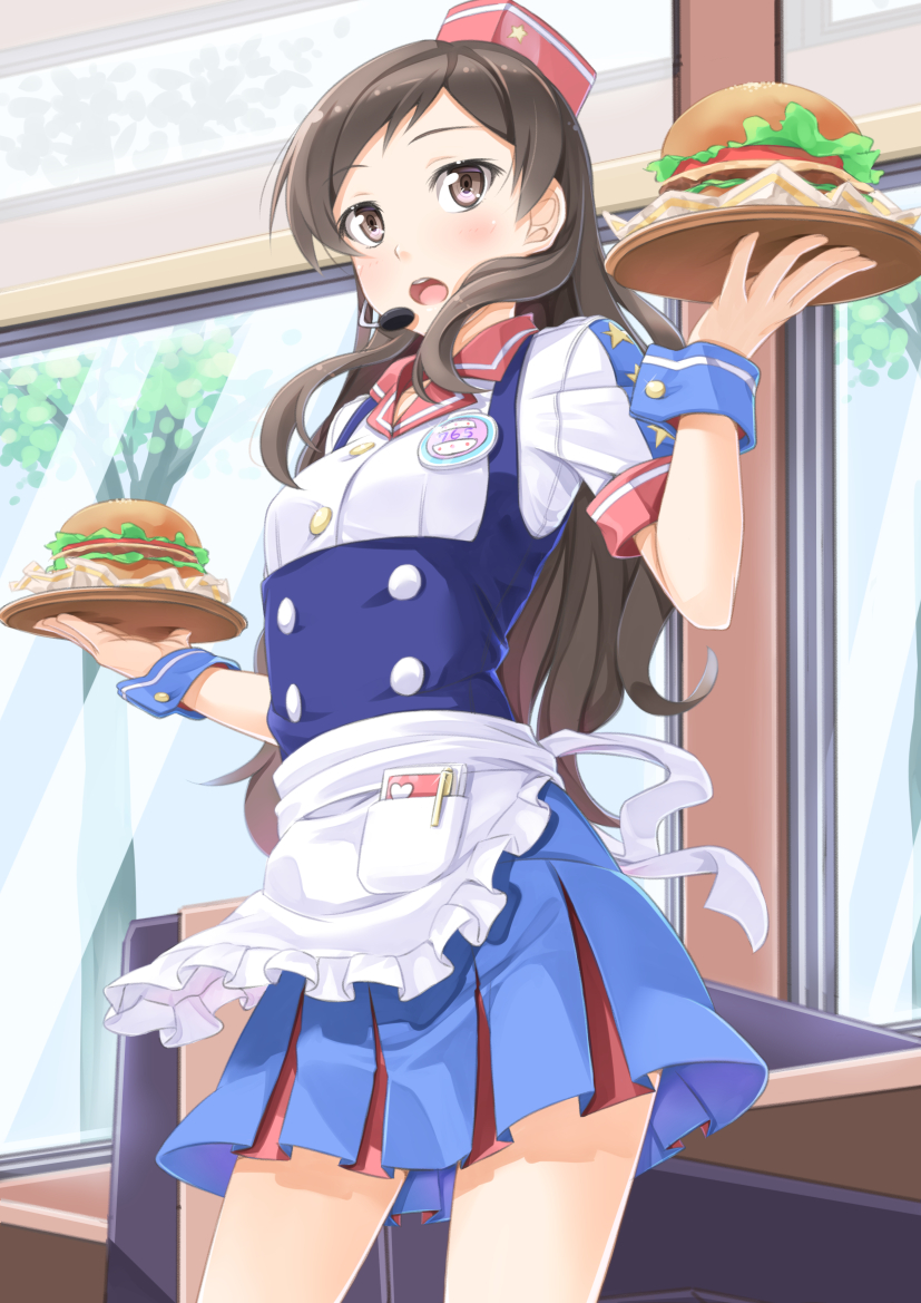 1girl, :o, apron, blush, brown_eyes, brown_hair, burger_skater_(idolmaster), cowboy_shot