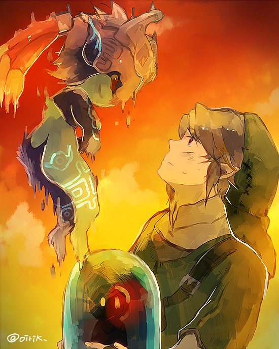 1boy, 1girl, blonde_hair, hat, helmet, link, midna, okii