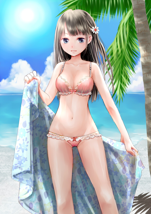 1girl, bikini, black_hair, blue_eyes, female, kouzuki_yui, lace-trimmed_bikini, long_hair
