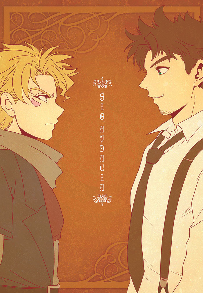 111132daiti, 2boys, blonde_hair, brown_hair, caesar_anthonio_zeppeli, facial_hair, facial_mark, jojo_no_kimyou_na_bouken