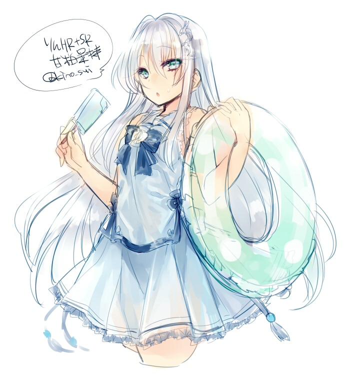 bare_shoulders, character_request, dress, green_eyes, innertube, kinosaki_reisui, popsicle, silver_hair