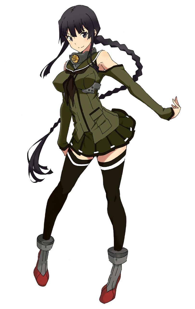 1girl, alternate_costume, alternate_hairstyle, bangs, black_hair, blunt_bangs, braid, breasts, commentary, cosplay, hair_ornament, highres, kantai_collection, kitakami_(kantai_collection), long_hair, pleated_skirt, school_uniform, serafuku, single_braid, skirt, thigh-highs, very_long_hair, yamato_(kantai_collection), yamato_(kantai_collection)_(cosplay), zettai_ryouiki