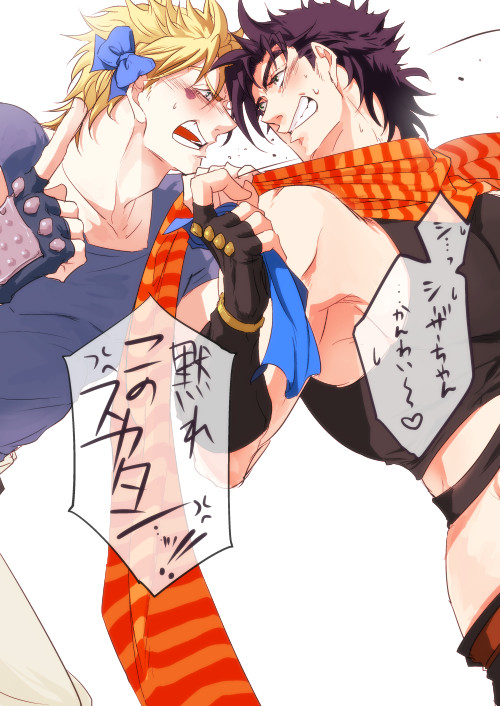 2boys, anger_vein, black_hair, blonde_hair, blush, bow, caesar_anthonio_zeppeli, facial_mark