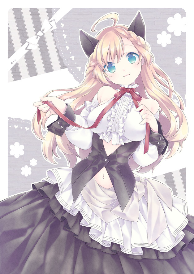 1girl, animal_ears, bare_shoulders, blonde_hair, blue_eyes, breasts, cat_ears, dress, frills, long_hair, looking_at_viewer, navel, original, ribbon, shito_(ash_shito), smile, solo