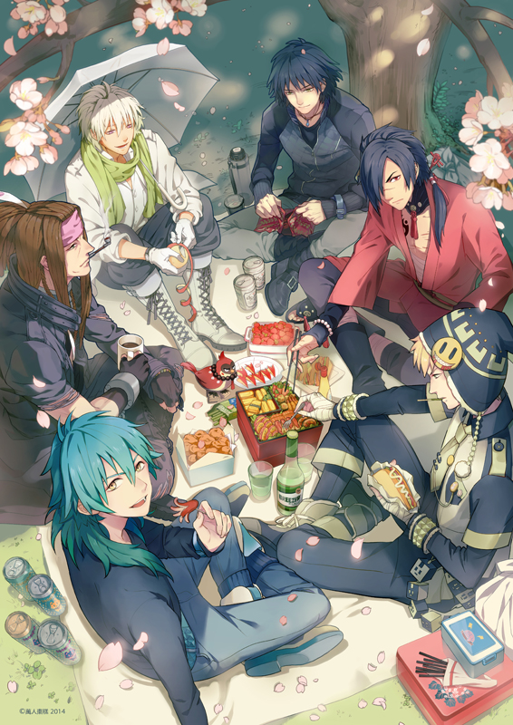 6+boys, apple, apple_peel, badge, beni_(dramatical_murder), black_hair, blonde_hair, blue_hair