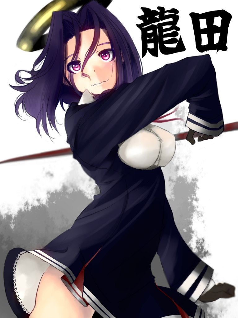 1girl, black_gloves, blush, breasts, character_name, cowboy_shot, dress, gloves