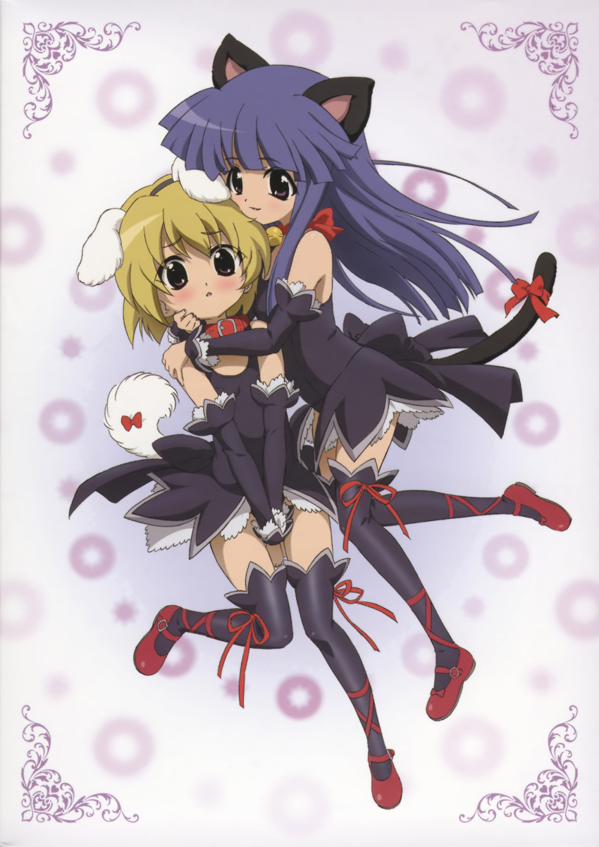 angel_mort, animal_ears, bell, blonde_hair, blue_hair, blush, bpws, bunny_ears, cat_ears, collar, costume, dress, flat_chest, furude_rika, gloves, highres, higurashi_no_naku_koro_ni, houjou_satoko, inumimi, loli, long_hair, nekomimi, red_eyes, ribbon, rika_furude, sakai_kyuuta, satoko_houjo, short_hair, thigh_highs, thighhighs, violet_eyes