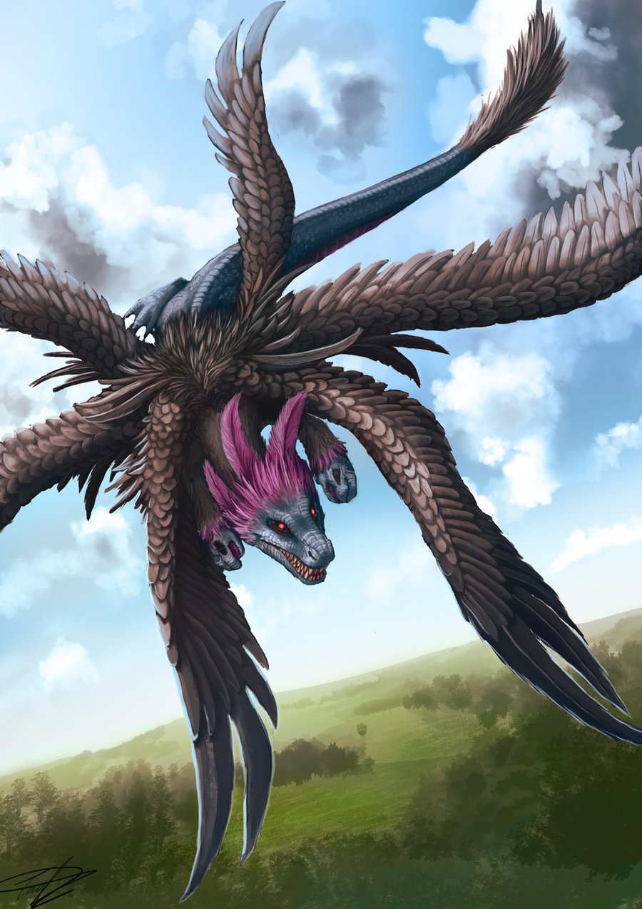 black_wings, clouds, dragon, feather_hair, feathered_wings, feathers, flying, highres, hydreigon, multiple_heads, multiple_wings, nature, no_humans, pokemon, pokemon_(creature), pokemon_(game), pokemon_bw, realistic, red_eyes, ruth-tay, sharp_teeth, sky, solo, tail, wings