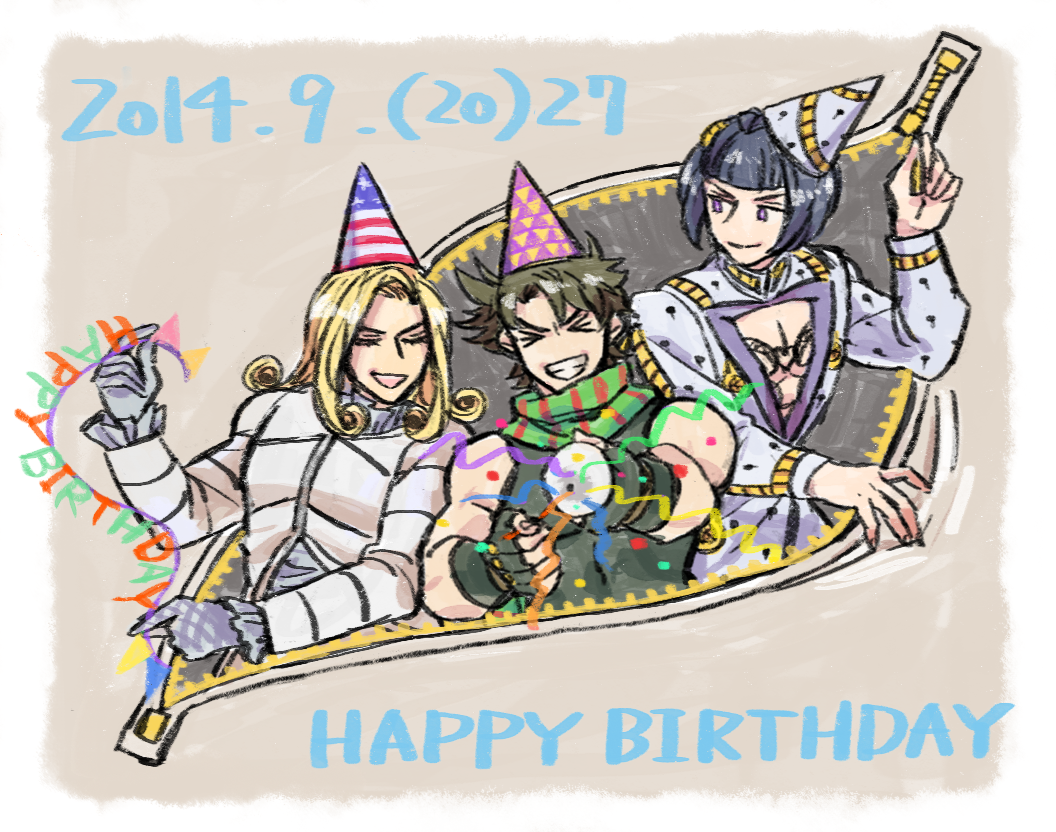 3boys, birthday, black_hair, blonde_hair, brown_hair, bruno_bucciarati, dated, funny_valentine, happy_birthday, hat, jojo_no_kimyou_na_bouken, joseph_joestar_(young), multiple_boys, party_hat, scarf, steel_ball_run, takeyama_(potc), zipper