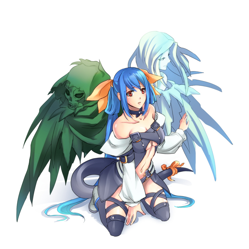 1girl, ane-suisei, asymmetrical_wings, bare_shoulders, black_legwear, blue_hair, breasts, choker