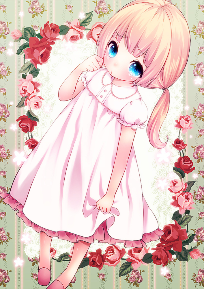 1girl, blonde_hair, blue_eyes, child, dress, flower, long_hair, looking_at_viewer