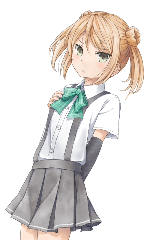 1girl, arm_behind_back, arm_warmers, blouse, bowtie, cowgirl_position, double_bun, frown