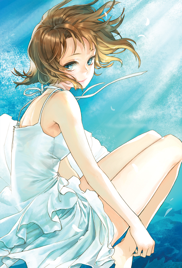blue_eyes, brown_hair, dress, hands, looking_back, original, sakamoto_maaya, salt_(salty)