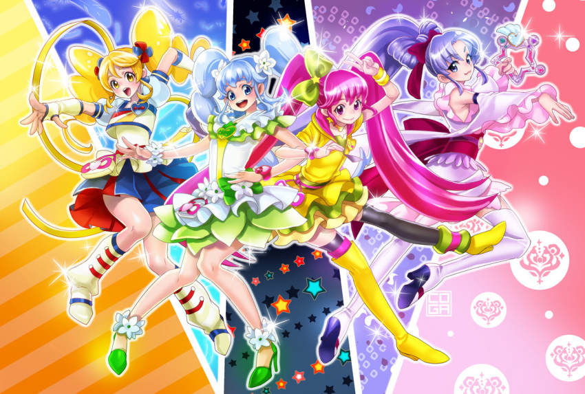 4girls, aino_megumi, alternate_form, anmitsu_komachi, blonde_hair, blue_eyes, blue_hair, boots