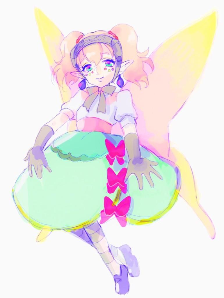 agitha, blonde_hair, blue_eyes, earrings, gloves, gothic_lolita, jewelry, lolita_fashion, long_hair, mentan_(anokoid), pointy_ears, sketch, smile, the_legend_of_zelda, twilight_princess, twintails, umbrella, wings