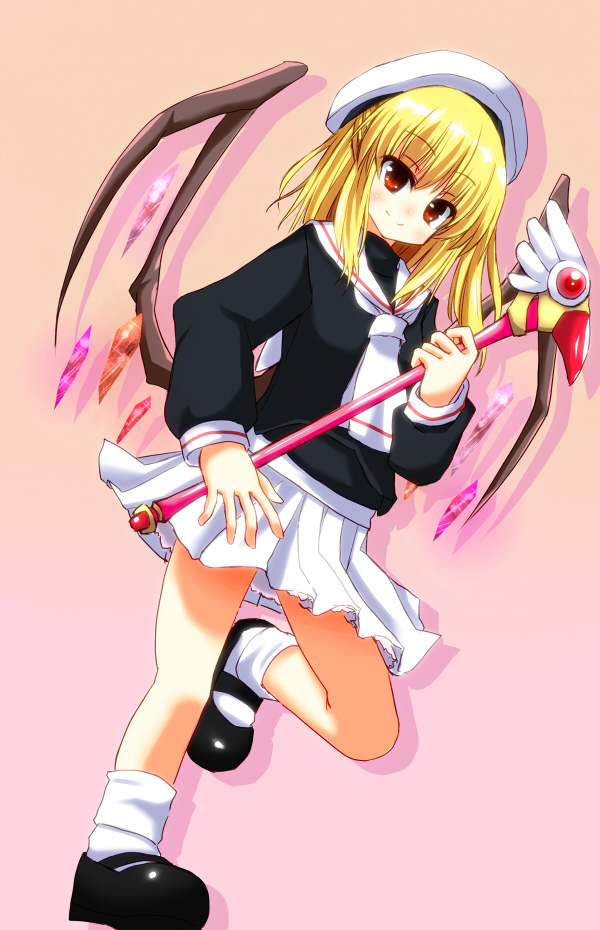 1girl, ascot, baton, blonde_hair, cardcaptor_sakura, flandre_scarlet, hat, kinomoto_sakura