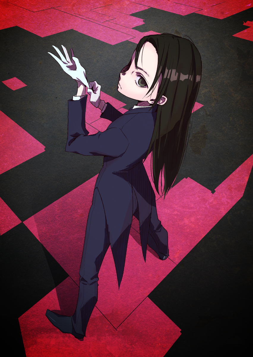 1girl, amane_(hunter_x_hunter), ammonio, black_hair, butler, from_above, glove_pull, gloves, highres, hunter_x_hunter, long_hair, looking_at_viewer, looking_back, looking_up, solo, white_gloves