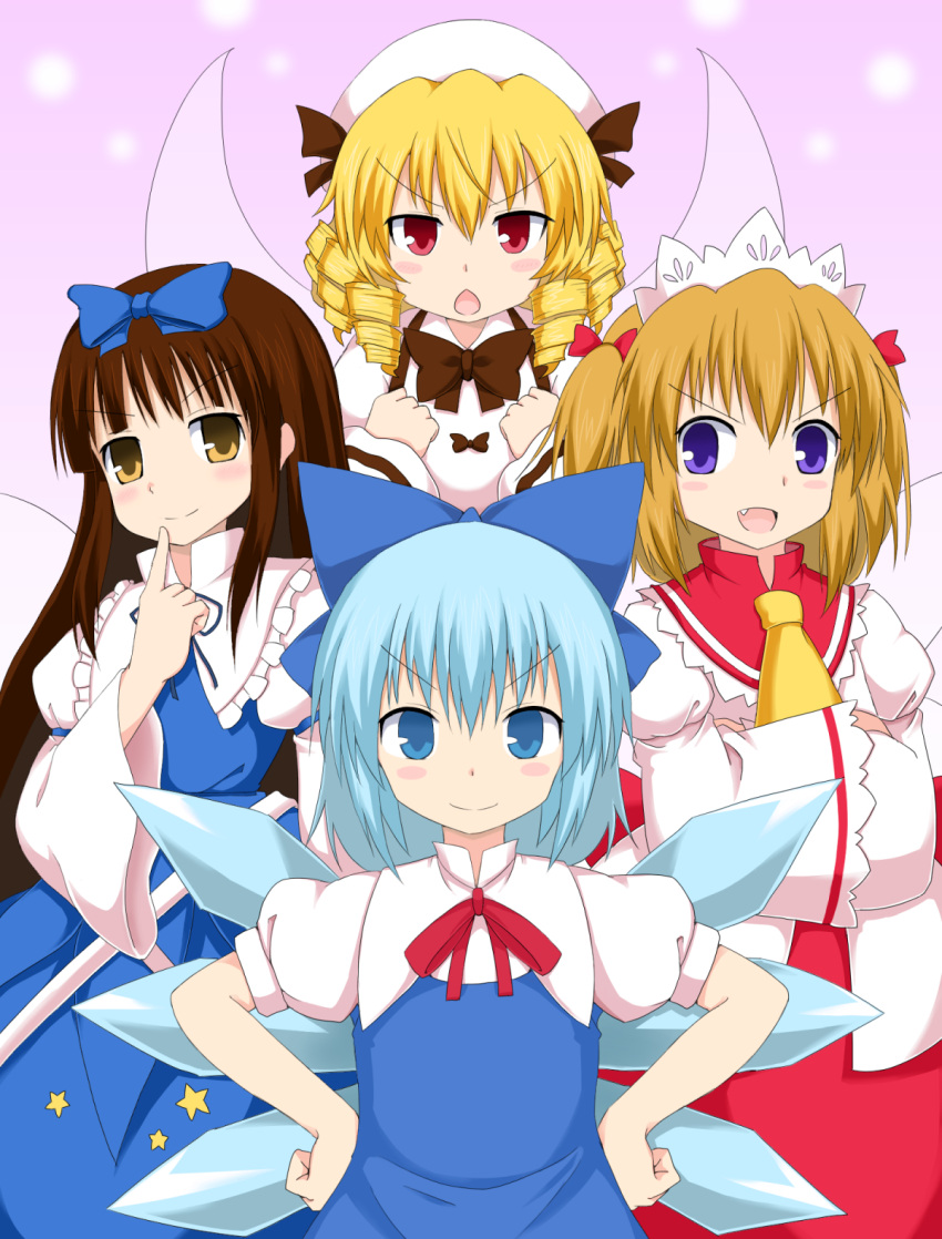 >:o, 4girls, :d, :o, blonde_hair, blue_eyes, blue_hair, bow