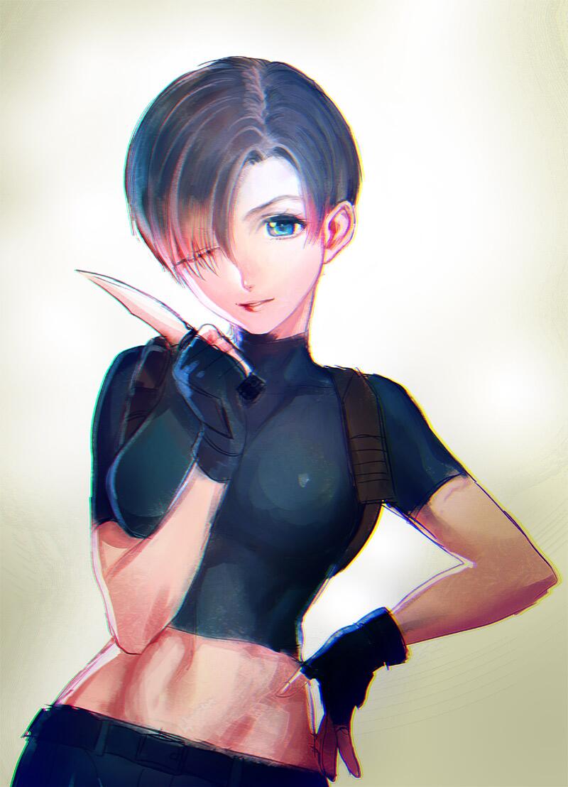 blue_eyes, brown_hair, fingerless_gloves, genderswap, gloves, hair_over_one_eye, katou_teppei, knife, leon_s_kennedy, midriff, resident_evil, resident_evil_4, short_hair