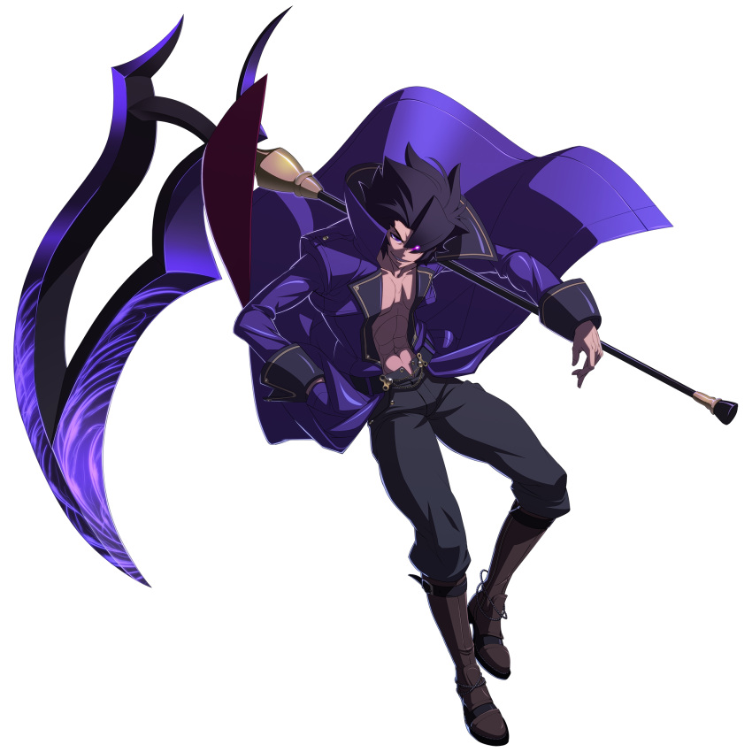 1boy, abs, black_hair, boots, dark_skin, french-bread, glowing, glowing_eye, gordeau, highres, huge_weapon, jacket, knee_boots, official_art, open_clothes, open_jacket, scythe, solo, spiky_hair, under_night_in-birth, violet_eyes, weapon, white_background