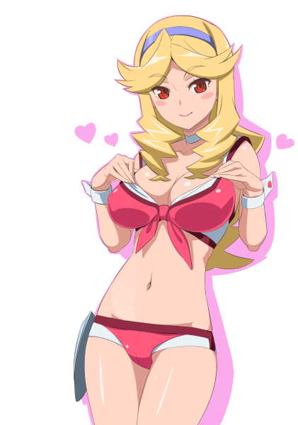 1girl, blonde_hair, blush_stickers, boobies_uniform, breasts, caryo, choker, cleavage