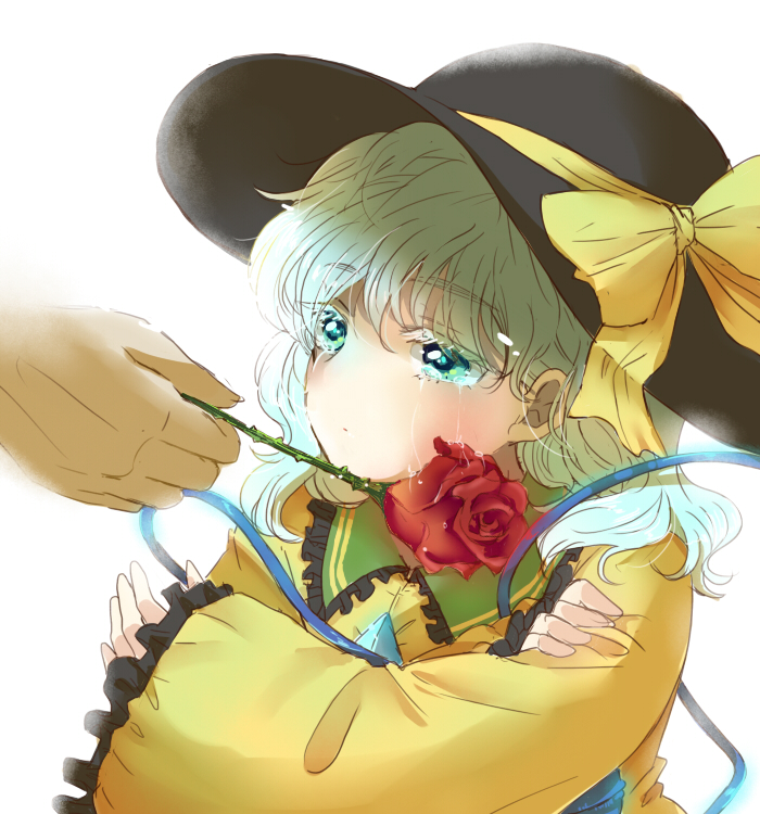 1girl, body_offscreen, flower, frilled_sleeves, frills, green_eyes, green_hair, hands