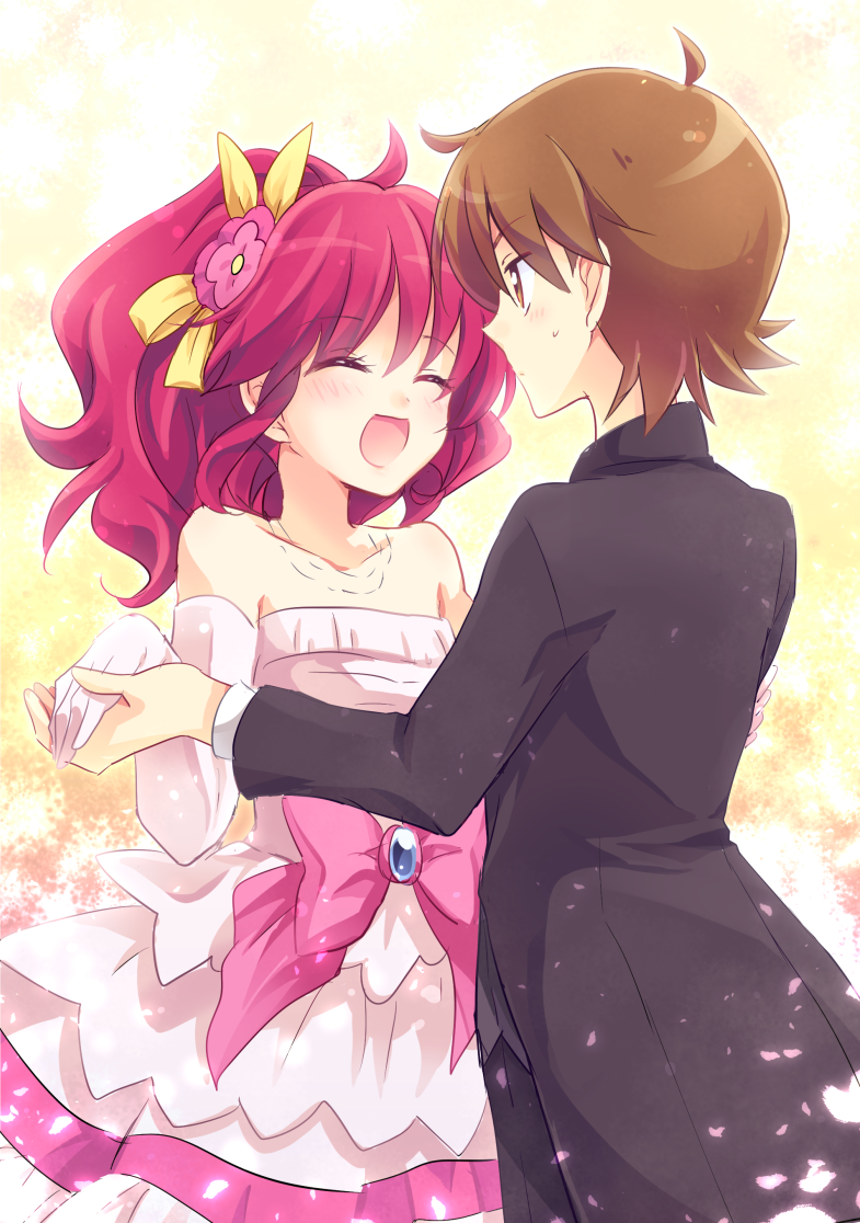 1boy, 1girl, aino_megumi, alternate_hairstyle, bow, brown_hair, closed_eyes, couple, dancing, dress, elbow_gloves, flower, formal, gloves, hair_flower, hair_ornament, happinesscharge_precure!, hetero, holding_hands, jewelry, kousetsu, necklace, pink_hair, precure, sagara_seiji, short_hair, smile, strapless_dress, suit