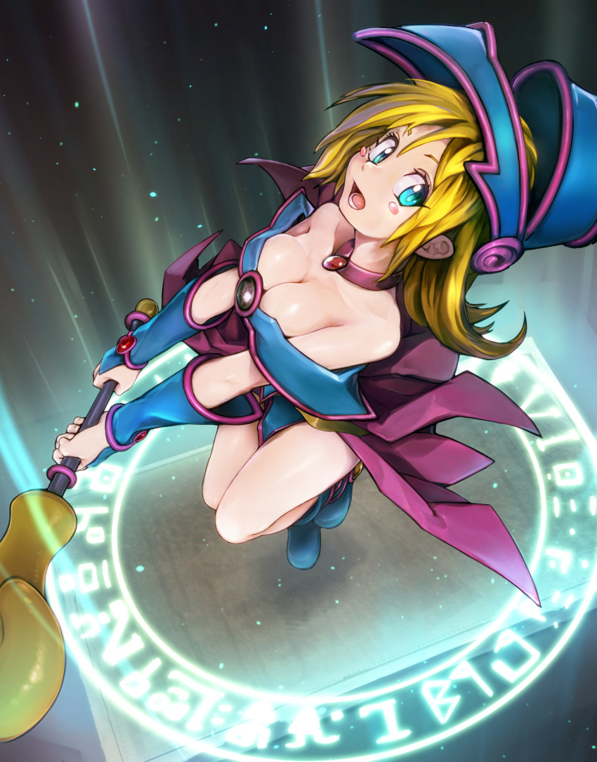 1girl, bare_shoulders, blonde_hair, blush_stickers, breasts, choker, cleavage, dark_magician_girl, duel_monster, glowing, green_eyes, hat, highres, large_breasts, long_hair, magic_circle, nanjin, open_mouth, pentacle, solo, staff, wizard_hat, yuu-gi-ou