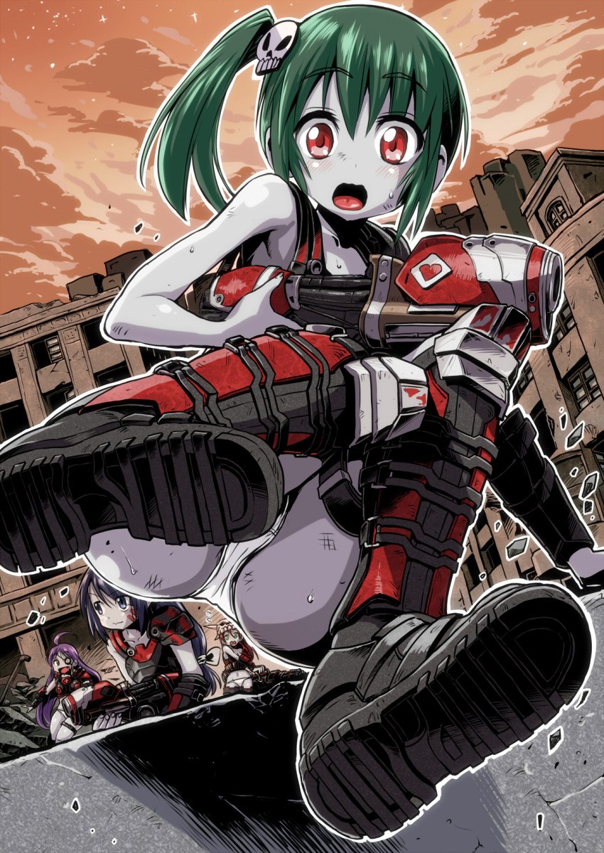 4girls, armor, boots, city, commentary, gears_of_war, green_hair, grey_skin