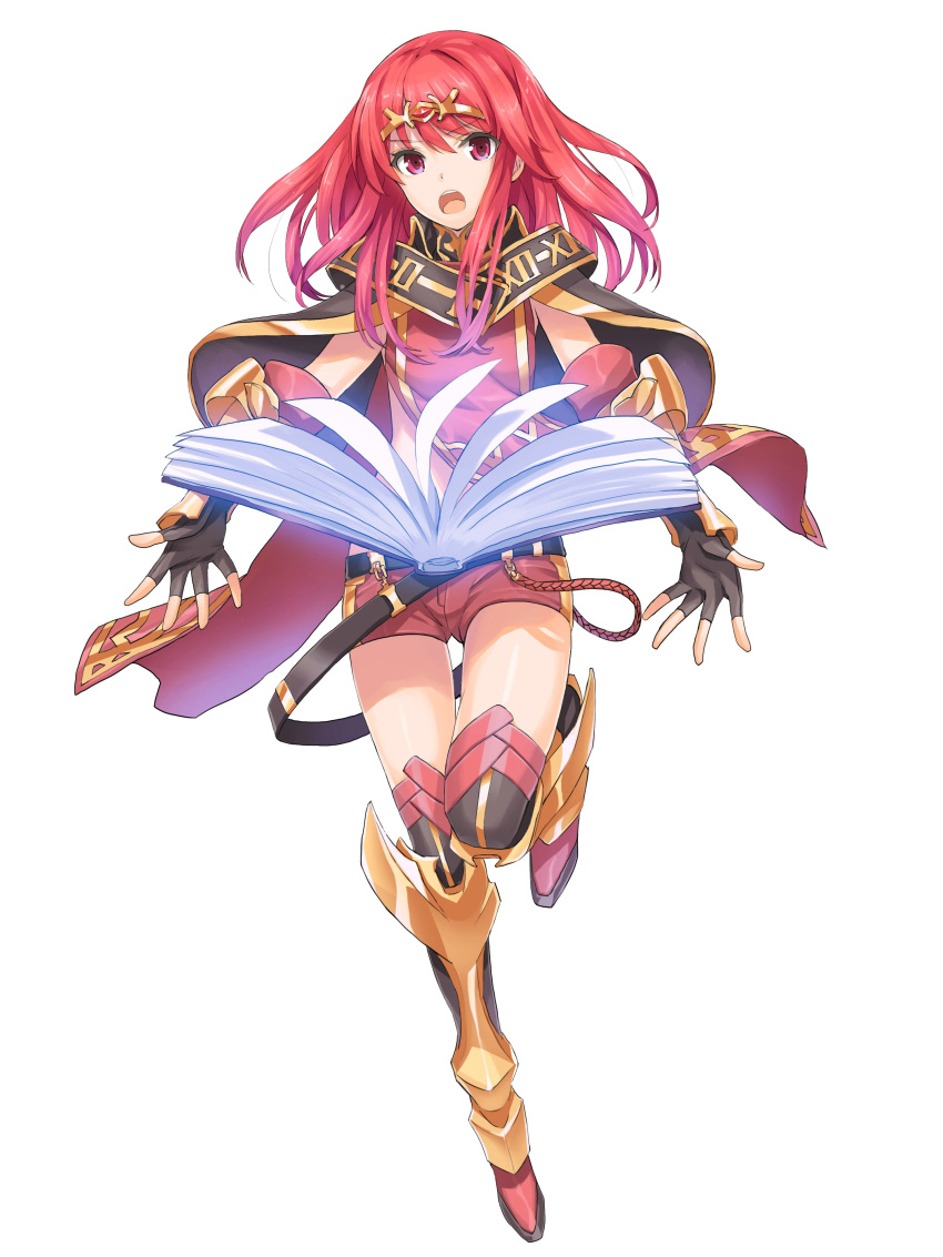 1girl, absurdres, armor, book, boots, cape, celica_(fire_emblem), fire_emblem, fire_emblem:_kakusei, fire_emblem_gaiden, gloves, greaves, highres, official_art, redhead, saitou_masatsugu, shorts, solo