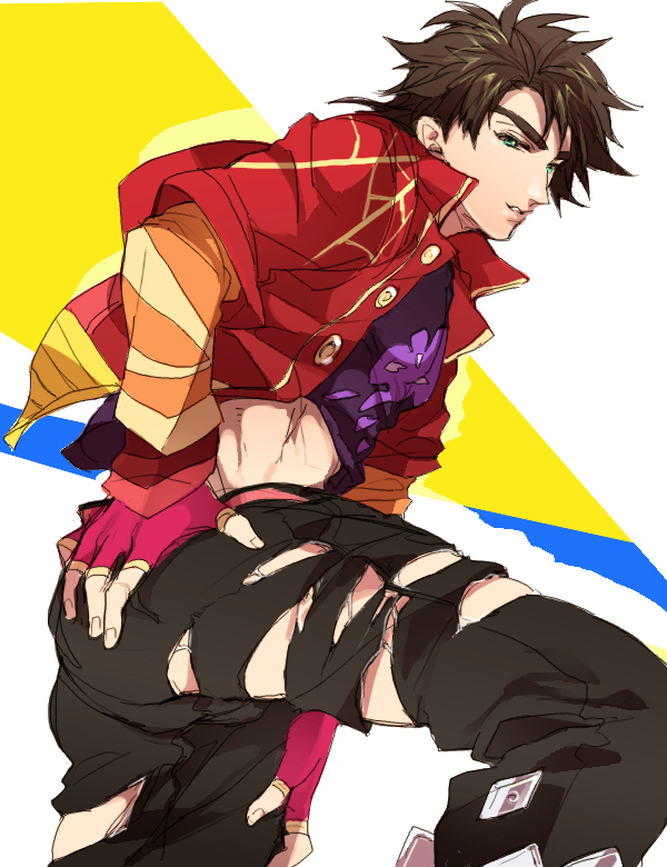 1boy, ass, bloody_stream, brown_hair, chikusawa, fingerless_gloves, gloves, green_eyes