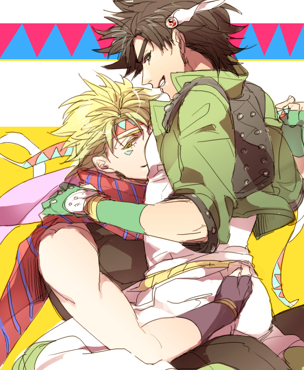 blonde_hair, caesar_anthonio_zeppeli, caesar_anthonio_zeppeli_(cosplay), chikusawa, cosplay, costume_switch, feathers, green_jacket
